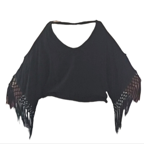 Monteau Fringe Tassel Summer Western Cowgirl short black top size medium - Picture 8 of 11